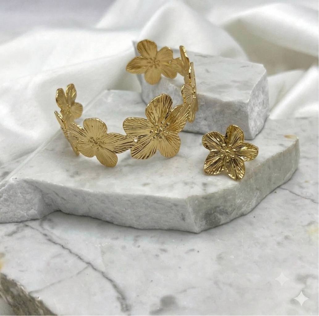 Duo Bracelet + Bague Floral doré - Acier